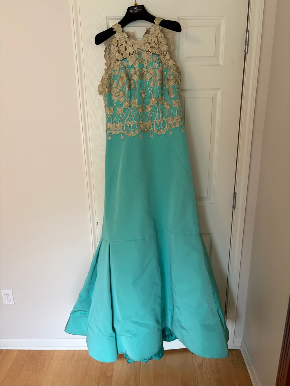 Christian Siriano Teal Gown with Cream Floral Lace Bodice